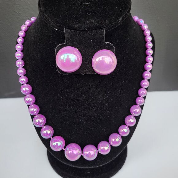 Vintage Demi Parure 90s Acrylic Purple AB Graduated Bead Necklace 24 in - Picture 2 of 6
